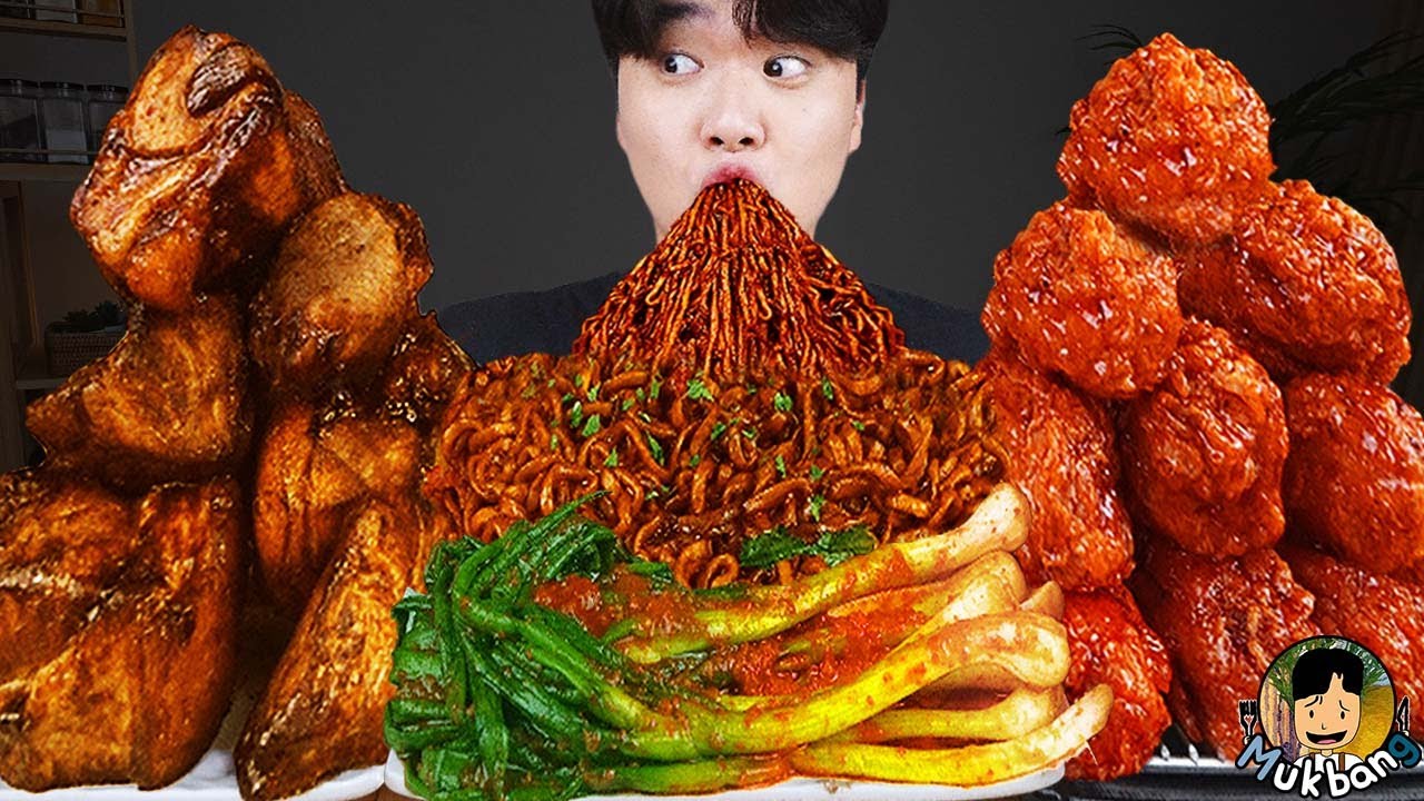ASMR MUKBANG | Жареный цыпленок, стейк, лапша с черной фасолью, кимчи Корейская еда