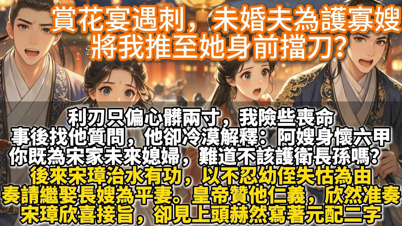 完結現實情感文：賞花宴遇刺，未婚夫為護寡嫂，將我推至她身前擋刀？利刃只偏心臟兩寸，我險些喪命。事後找他質問，他卻解釋：阿嫂身懷六甲。她腹中乃是我大哥最後的血脈，你既爲宋家未來媳婦，難道不該護衛長孫嗎？