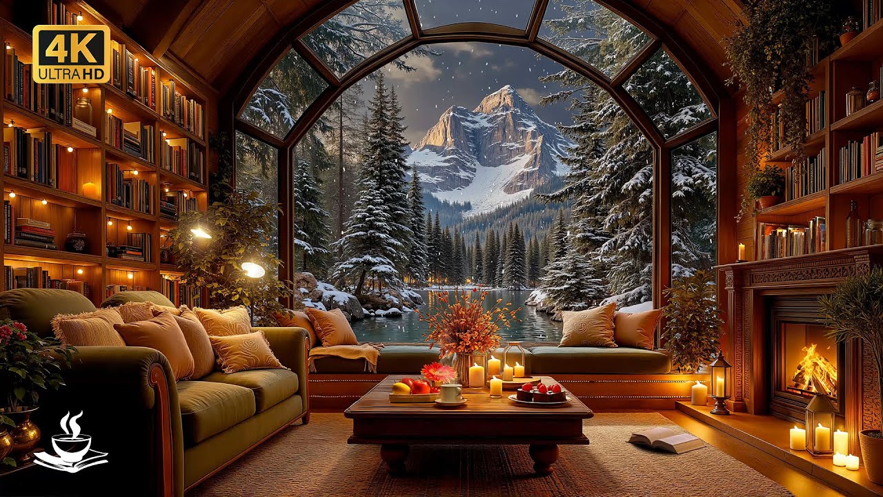 Cozy Alpine Library Jazz Atmosphere 🌲 for Winter Reading Bliss, Warm Firelight and Serene Focus Time