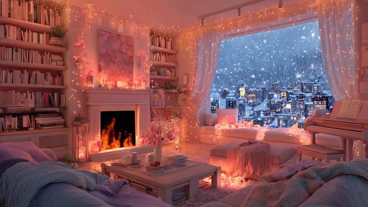 Cozy Pink Living Room 🎵 Soft Piano & Fireplace Sounds | The Most Relaxing Ambience