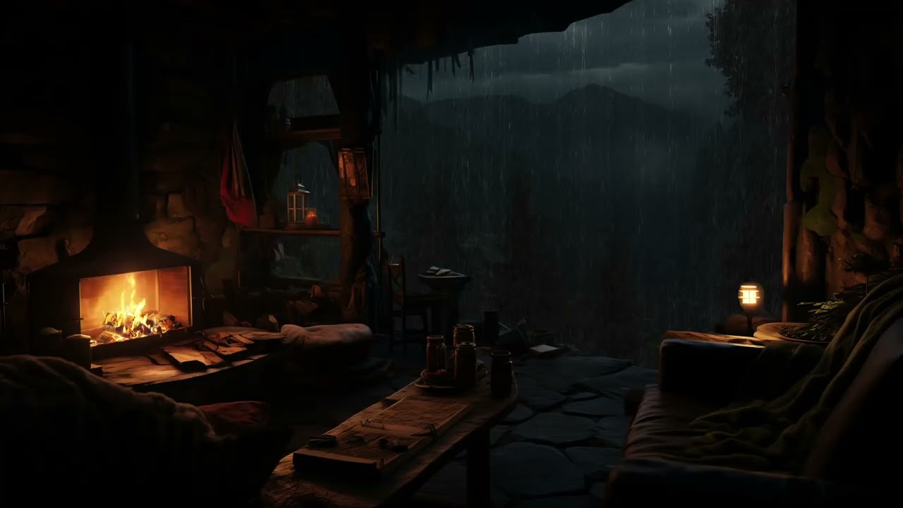 Peaceful Rain Around a Forest Cabin 🌧️ Cozy Fire Sounds for Sleep