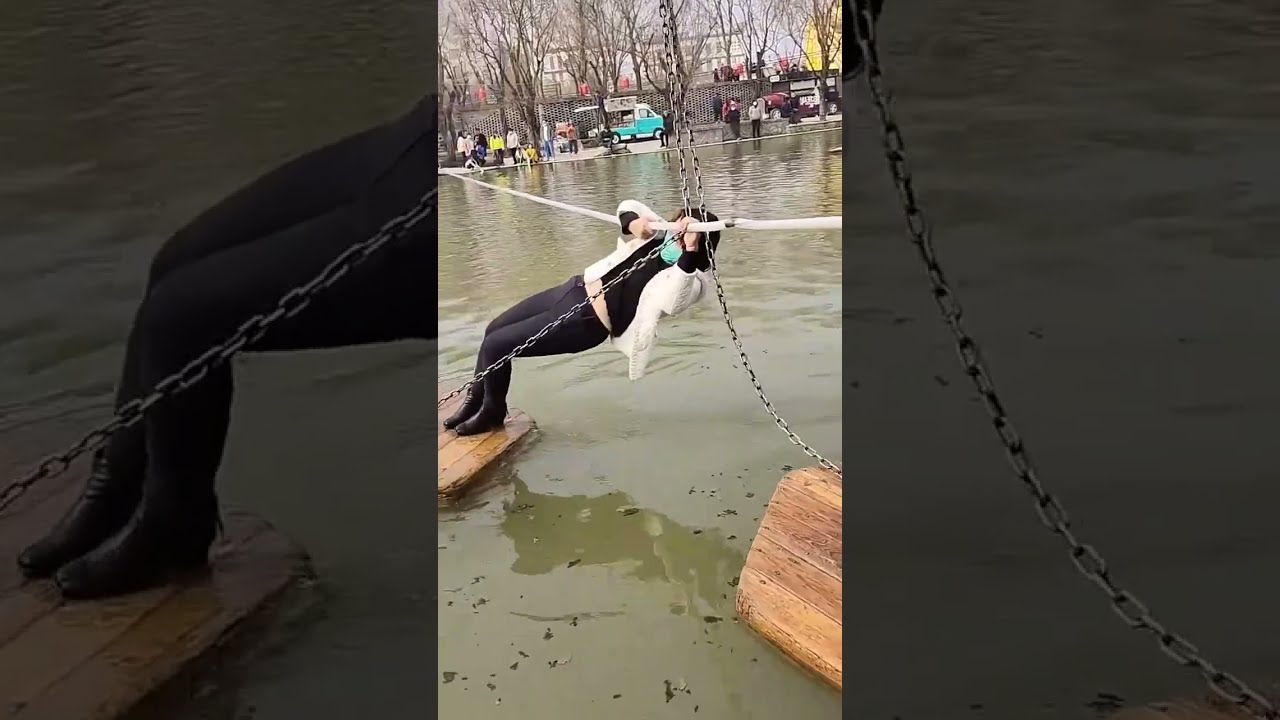 Getting wet ankle boots and fall into water when her playing raft