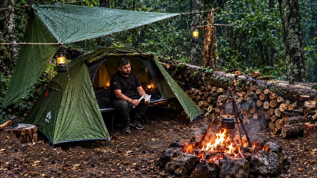 Winter Hot Tent Camping in Rain; Survival in the Wilderness. Bushcraft Skills