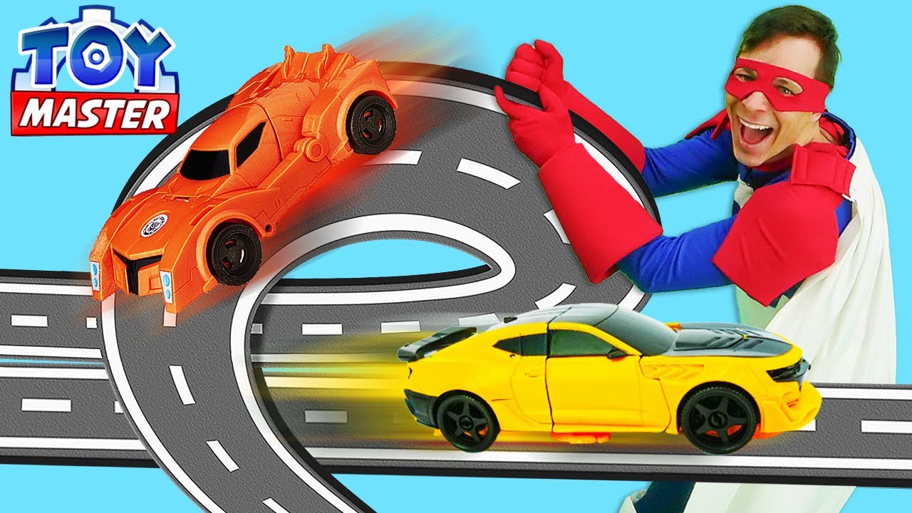 Игры гонки - Роботы Трансформеры в шоу Той Мастер! Бамблби против Десептиконов! - Сборник видео