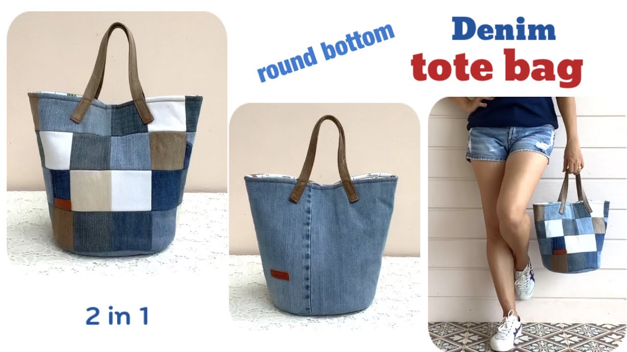 how to sew a denim round bottom tote bags tutorial, sewing diy a round bottom tote bags from denim