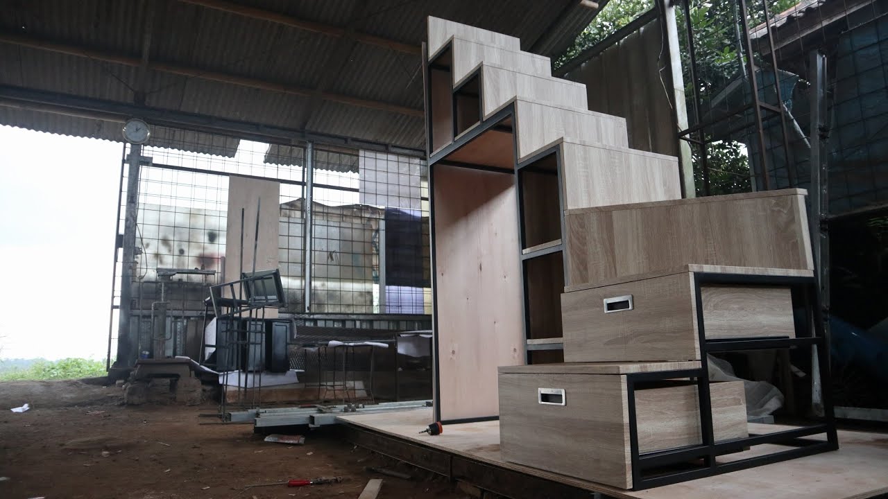 membuat tangga storage BESI+ KAYU untuk mezzanine