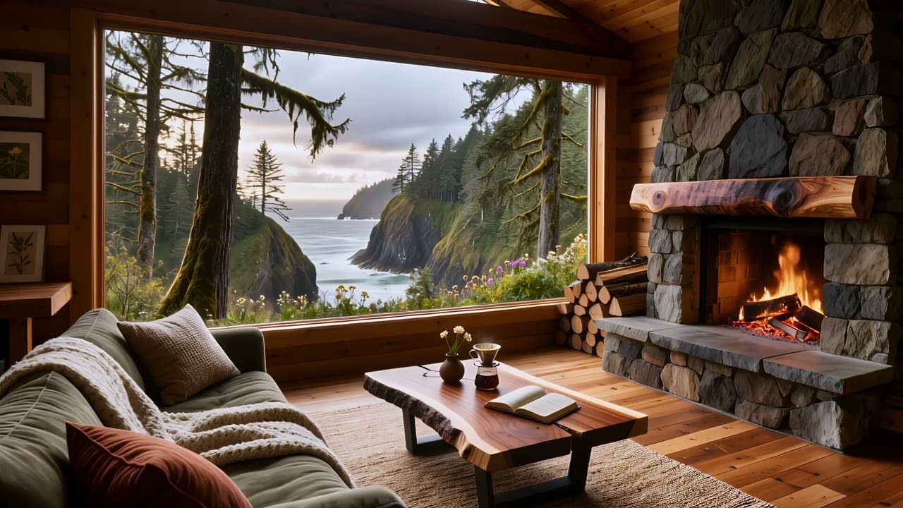 Pacific Northwest Fireplace Ambience🔥🌲 | Cozy Cliffside Cabin Overlooking the Ocean in Early Spring