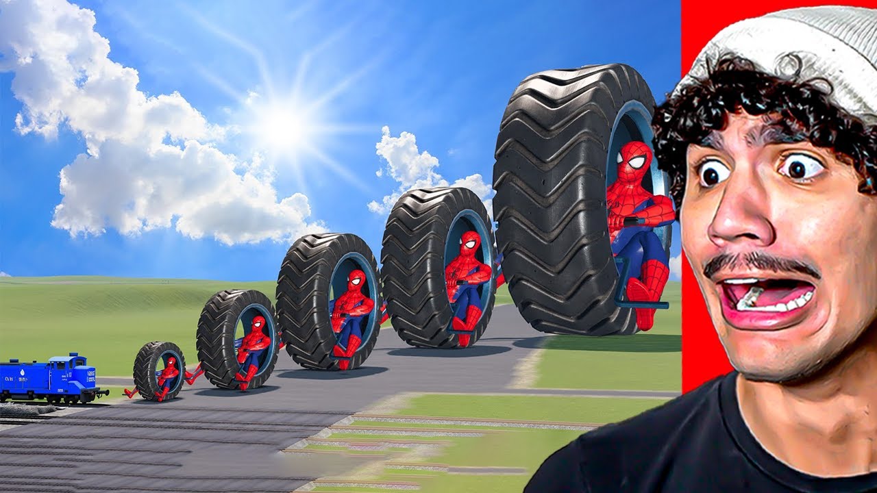 Reagindo a Monociclo Gigante e Pequeno com Homem-Aranha vs Trem - BeamNG.Drive