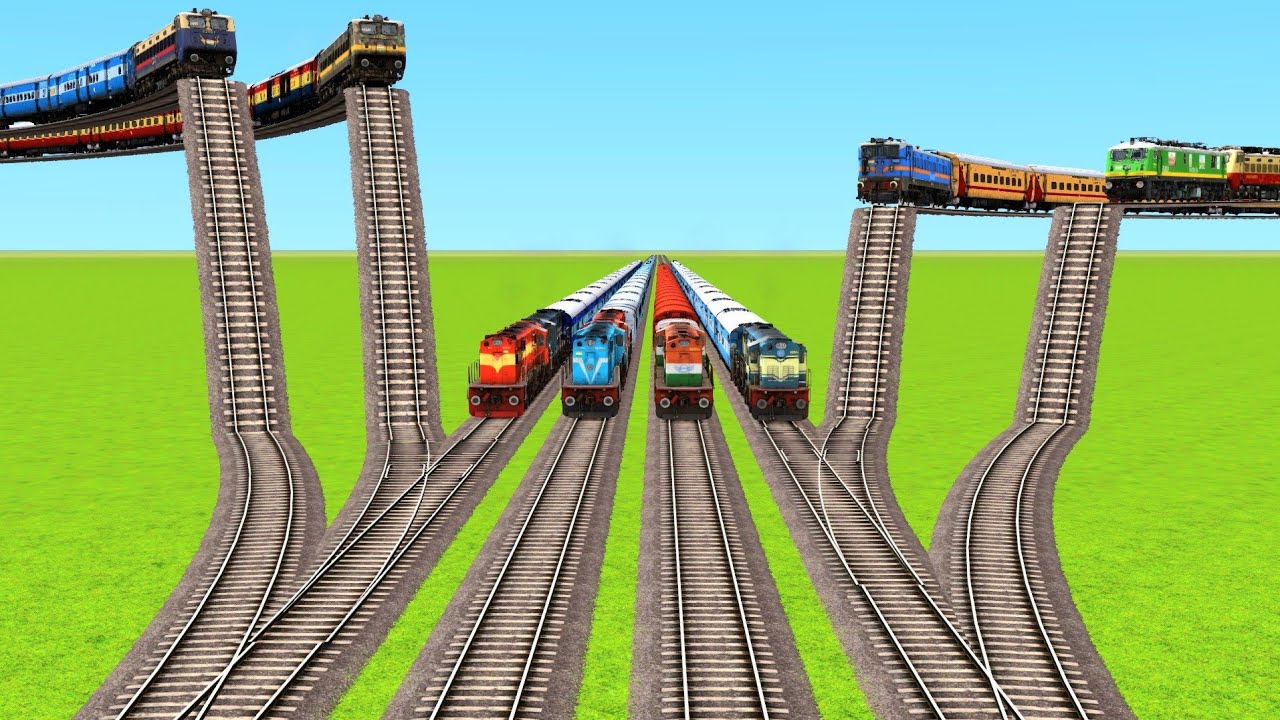 MULTIPLE EIGHT TRAINS JUMPING CROSSING FROM HIGH PLACE RAILROAD & SIMPLE RAILROAD|Train Simulator|