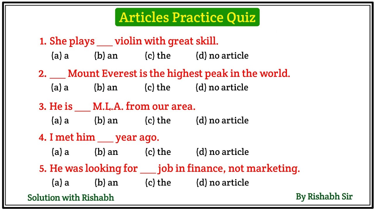 Articles A An The questions | Articles A An The in English Grammar | Articles Practice Set Exercise