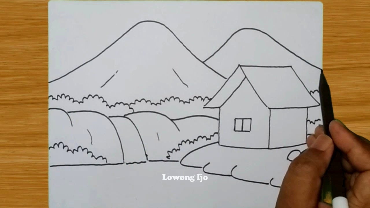 Menggambar  pemandangan air terjun dan rumah yang indah