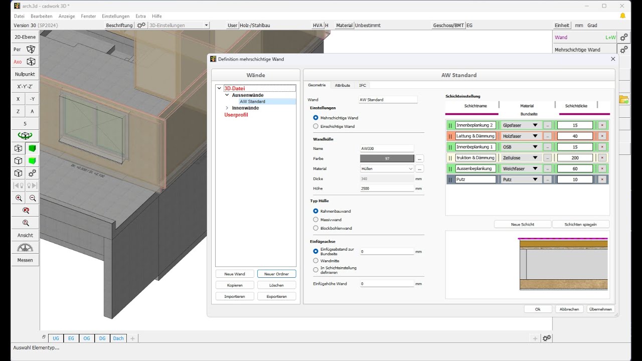 cadwork 3d SP2024 Mehrschichtige Wände
