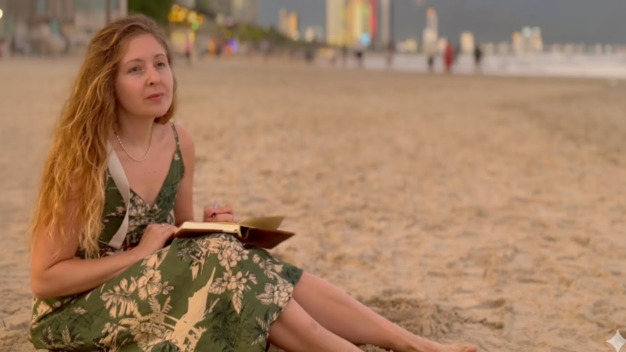 Writing at sunset on Da Nang's beach