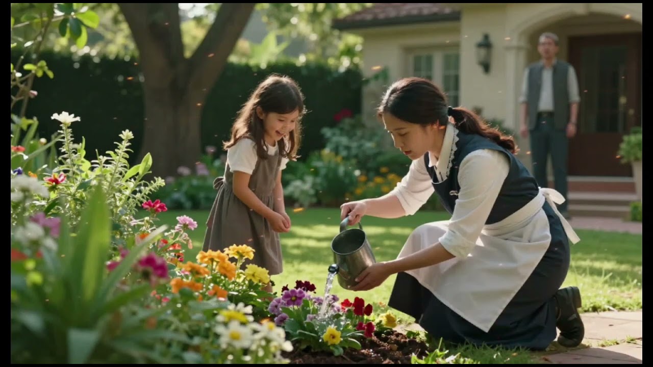 Empresário volta cedo e se surpreende ao ver empregada regando flores com sua filha 😱🌸❤️
