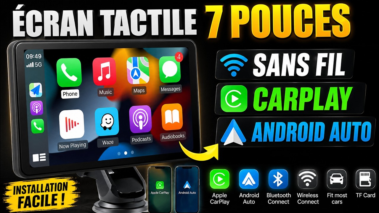 Écran tactile CarPlay sans fil et Android Auto 7 pouces Carabc