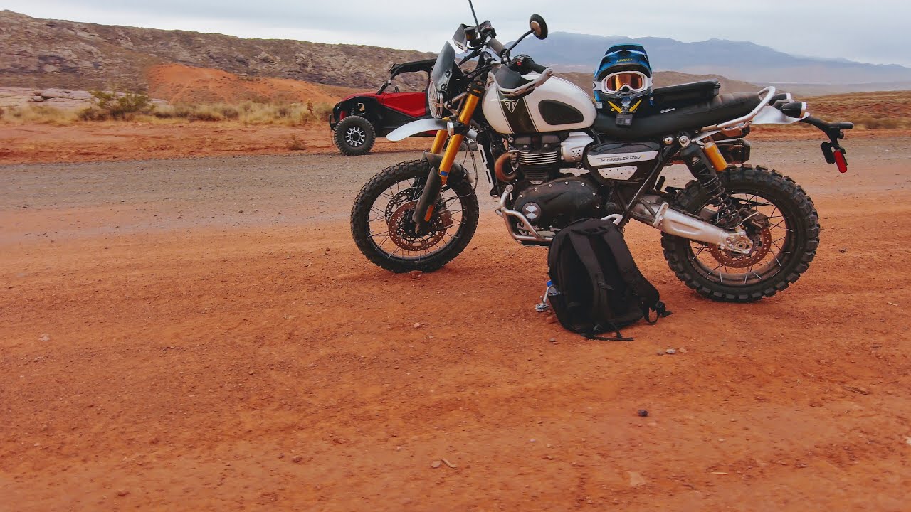 Triumph 1200 XE in the sand, hills, and rocks at Sand Hallow St. George w/ the WR200 and Honda Talon