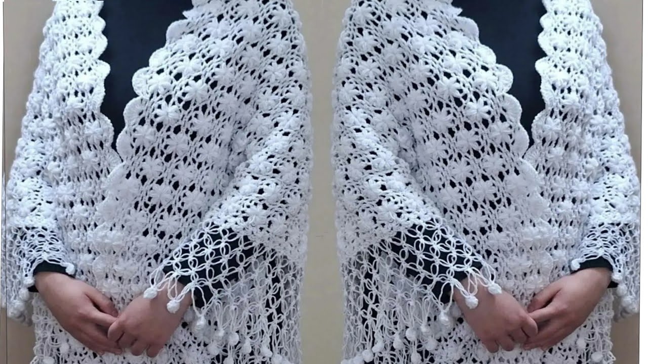 شال كروشيه مثلث رائع بغرزة مجسمه/crochet shawl