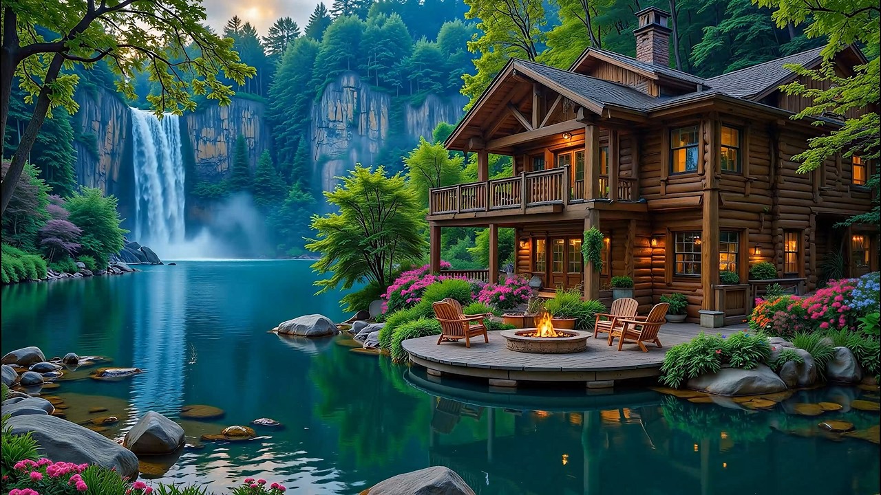 Calming Piano Music with Spring Forest Riverside 🌿🔥 Crackling Fire pit & Nature Sounds Ambience