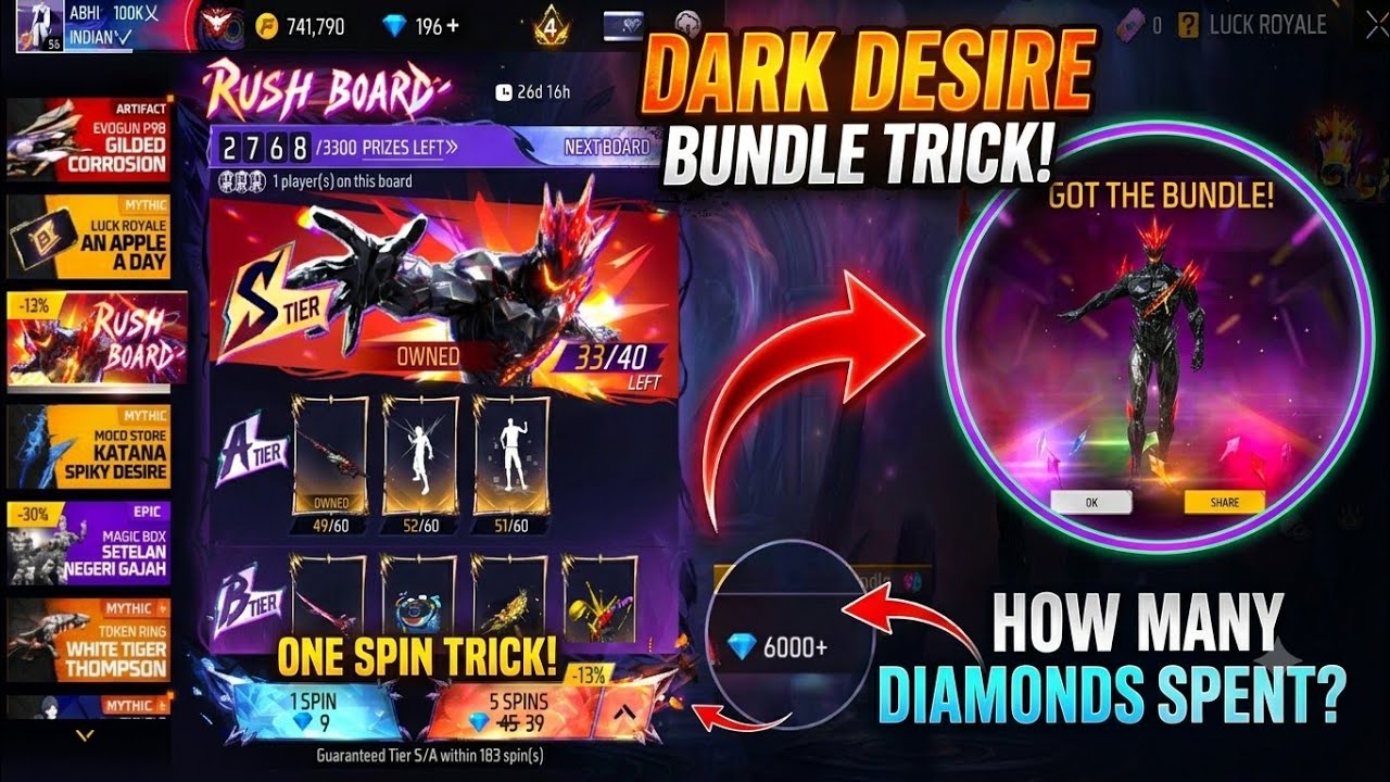  Rush Board Event One Spin Tricks 🔥 Ff Indonesia dark Desire Bundle Spin 🇮🇩