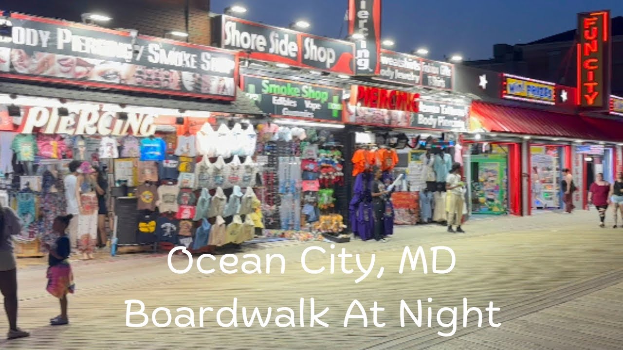 Ocean City, MD - Boardwalk At Night - Amusement Rides, Tram Footage