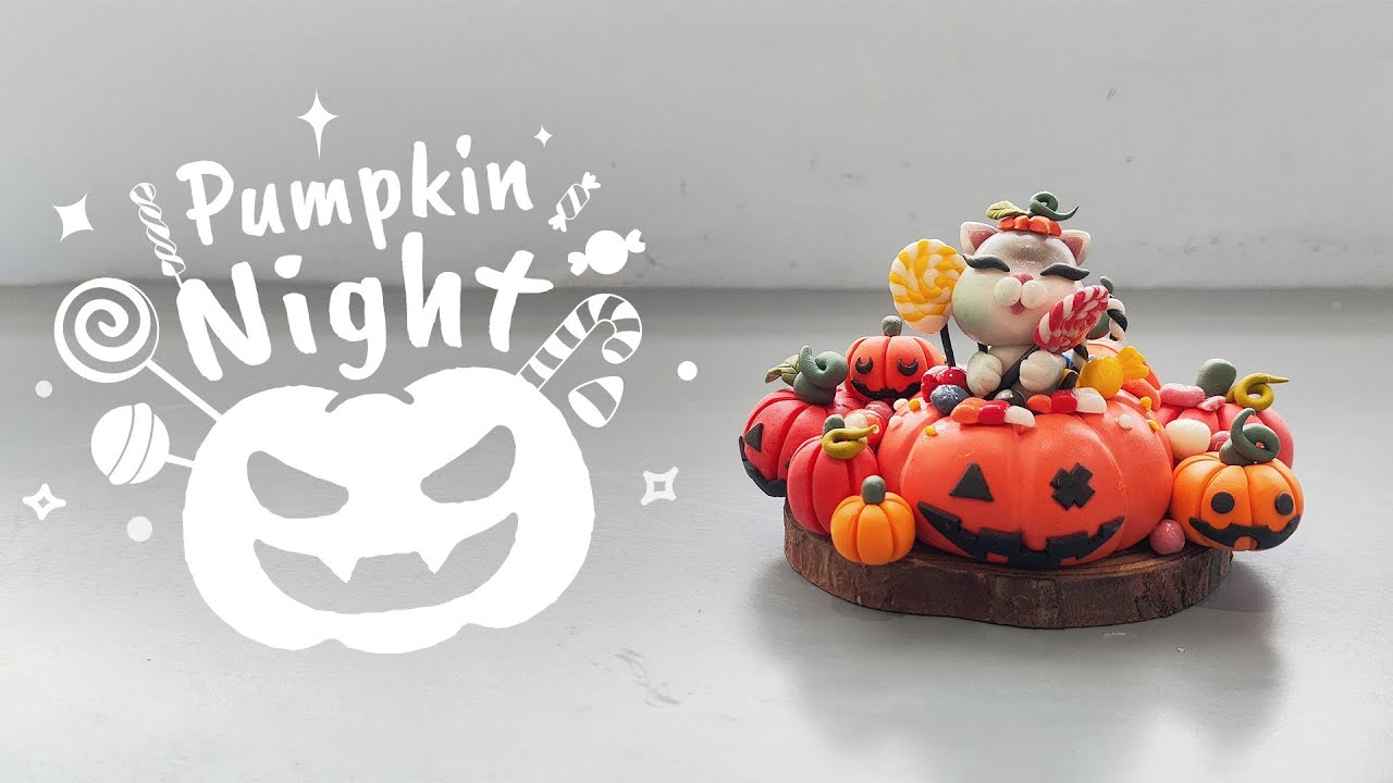 Pumpkin Night | Halloween Pumpkin Clay, Clay Cat Figure, Kitten Air Dry Clay Art Ideas, Kawaii Clay