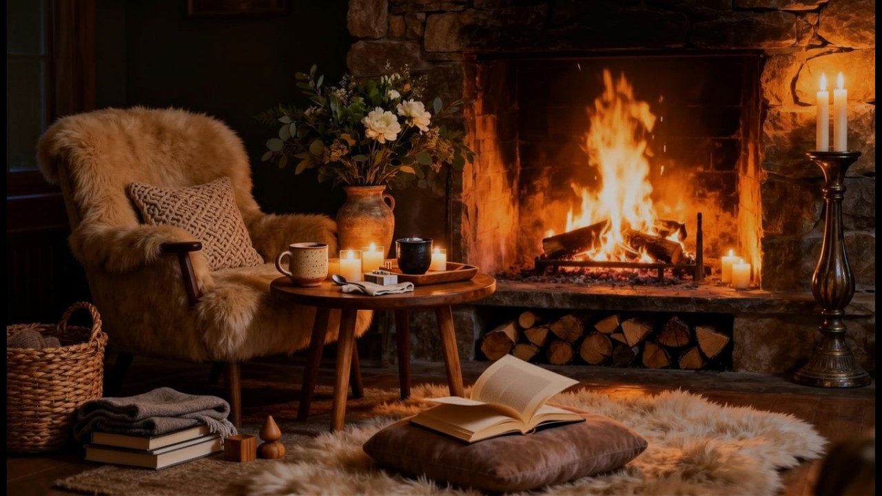 Wind Sounds with Fireplace Crackling | Cozy Night Ambience for Deep Sleep