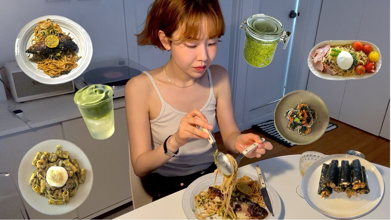배달 놉! 자취 3년차 직장인의 건강하고 맛있는 스페셜 저녁과 점심.....고등어파스타와 잠봉파스타, 쑥페스토, 미나리김밥과 달래김밥,,,,그리고 코코말차