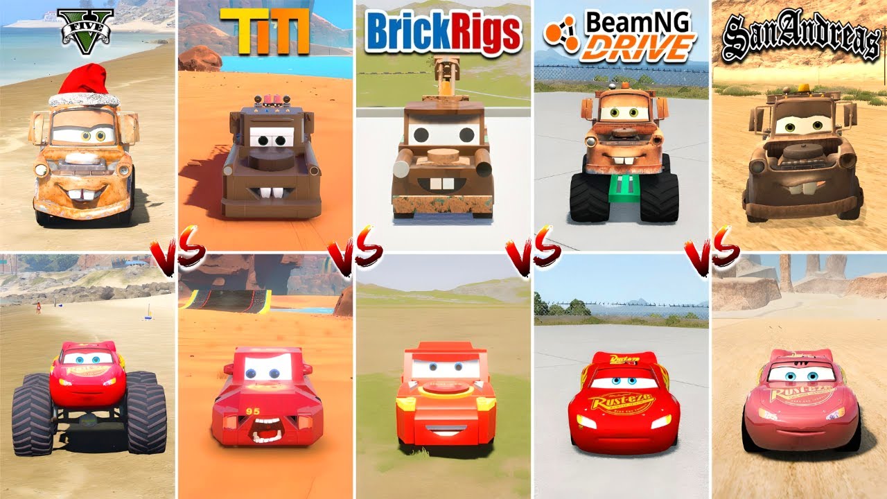 GTA 5 TOW MATER vs LIGHTNING MCQUEEN vs BEAMNG DRIVE vs GTA SA vs TRAILMAKERS vs BRICKRIGS