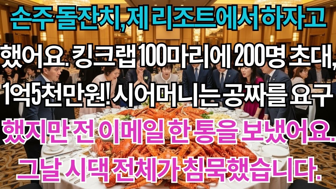 손주 돌잔치, 제 리조트에서 하자고 했어요.킹크랩 100마리에 200명 초대했죠.시어머니는 1억5천을 공짜로 요구했지만전 싸우지 않고 이메일 한 통을 보냈어요.그날 시댁...