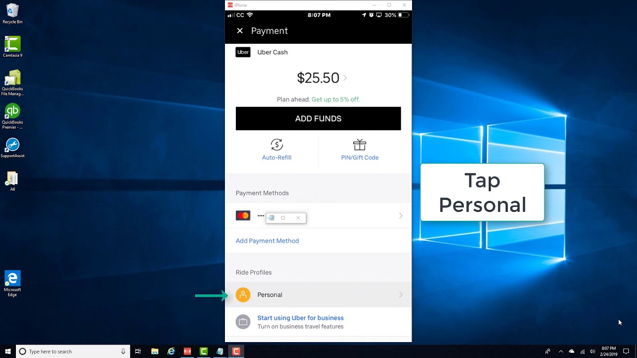 Change Default Payment method to Uber Cash on iPhone app