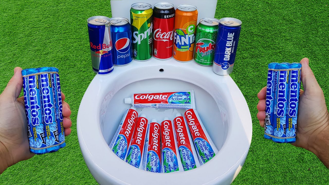 Experiment !! Colgate and Coca Cola, Fanta, Sprite, Pepsi, Dark Blue, Fruko and Mentos in Toilet