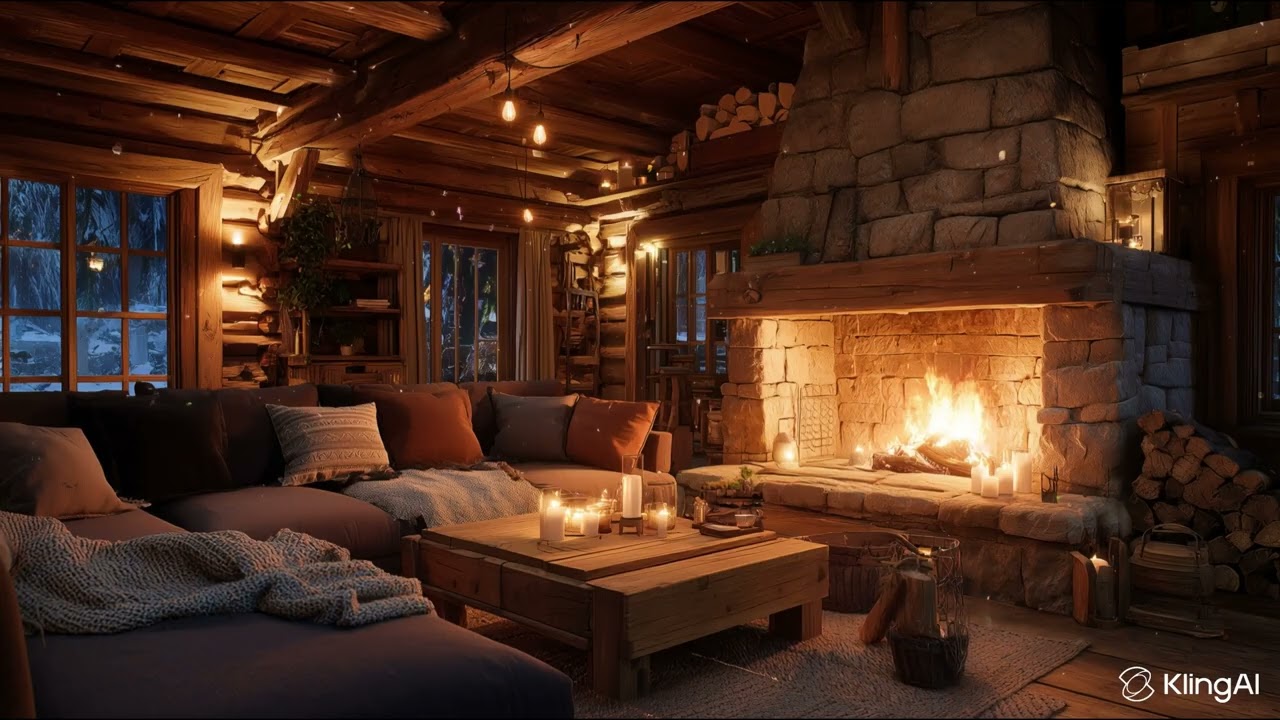 Cozy Mountain Cabin Fireplace at Night 🔥 Winter Ambience | Relaxing Warm Cabin Fireplace Sounds