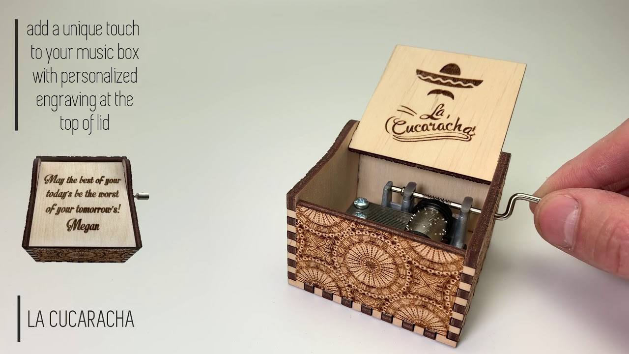 La Cucaracha - hand crank wood music box with personalized engraving
