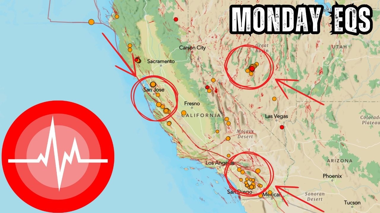 California Earthquake activity increasing today. Ongoing Nevada Eqs. Monday update.