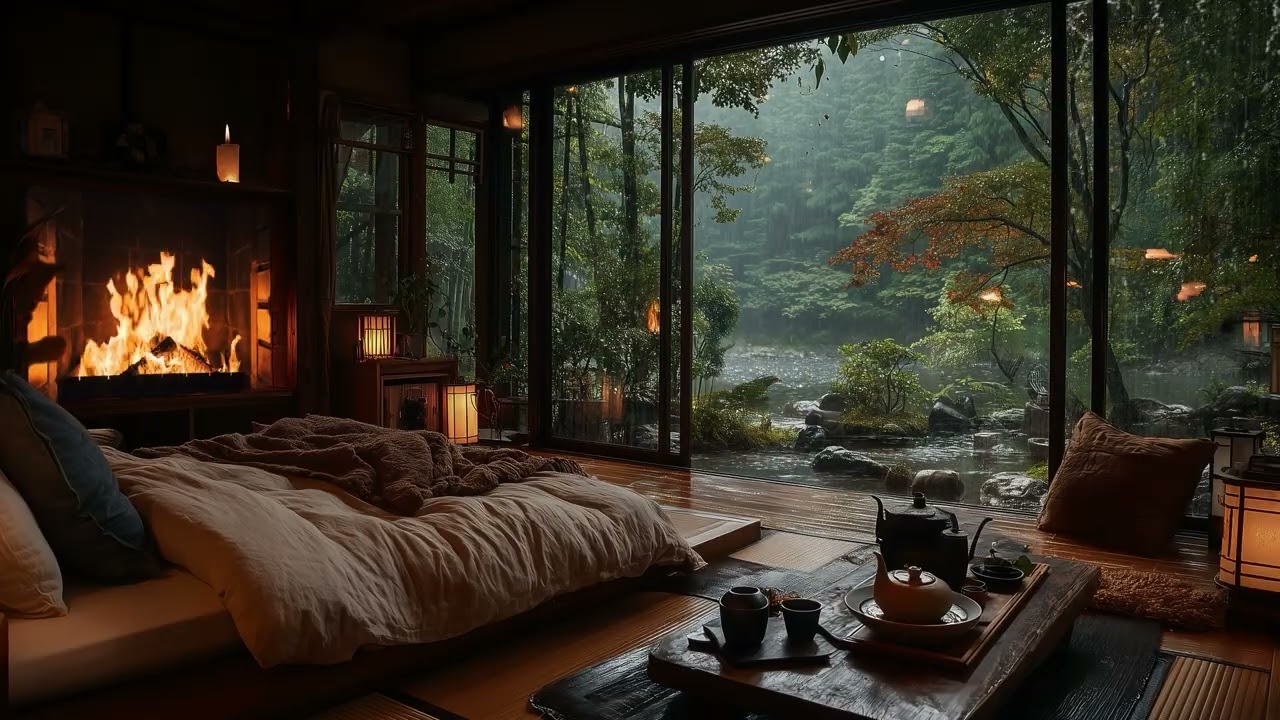 3 Hours Relaxing Sleep Music with Rain & Cozy Fireplace – Fall Asleep Faster and Feel at Ease