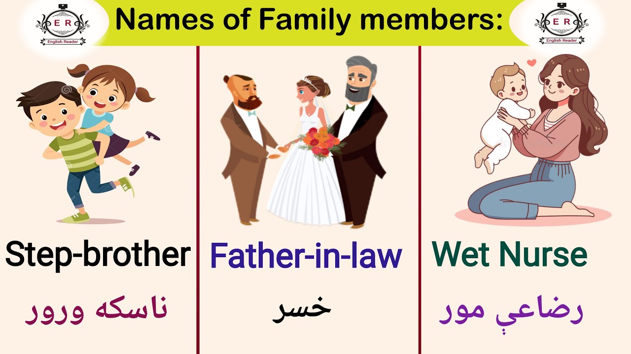 👨‍👩‍👧 Изучите лексику, связанную с членами семьи, со значением на пушту: