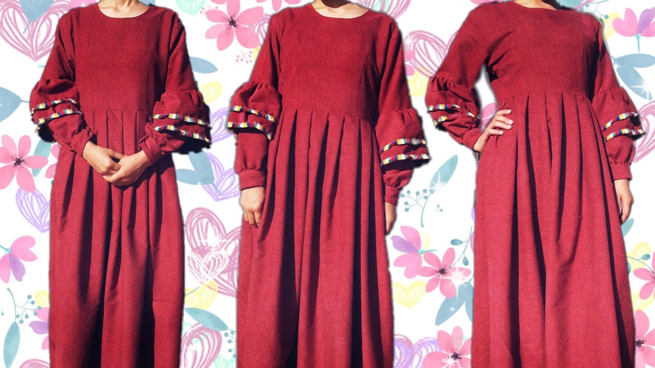 HOW TO SEW MAXI DRESS WITH PUFF SLEEVE/ DIY PLEATED SKIRT/DRESS WITH CUFF SLEEVE CUTTING & STITCHIN