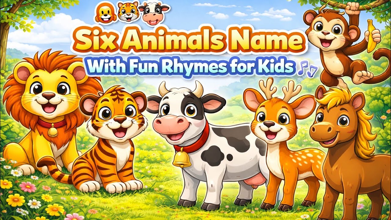 Six Animals Name with Rhymes for Kids | Learn Animals Name Song