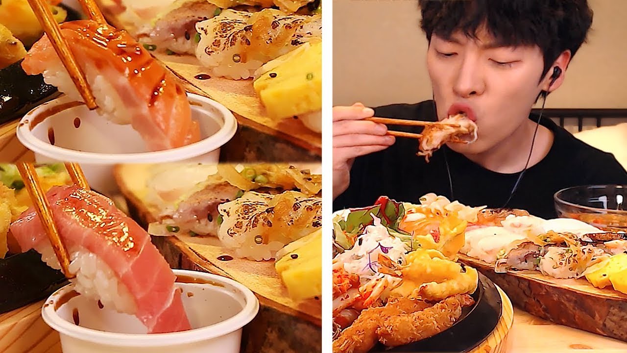подзаголовок) 【Мукбанг суши🍣】 морепродукты суши 18 видов и свиных котлет