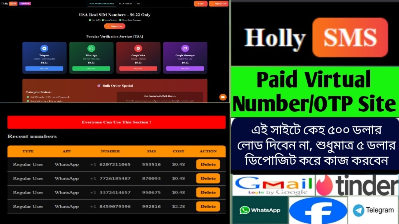 HollySMS Paid Virtual Number Panel | Paid Number Panel | OTP Verification Paid Virtual Number Panel