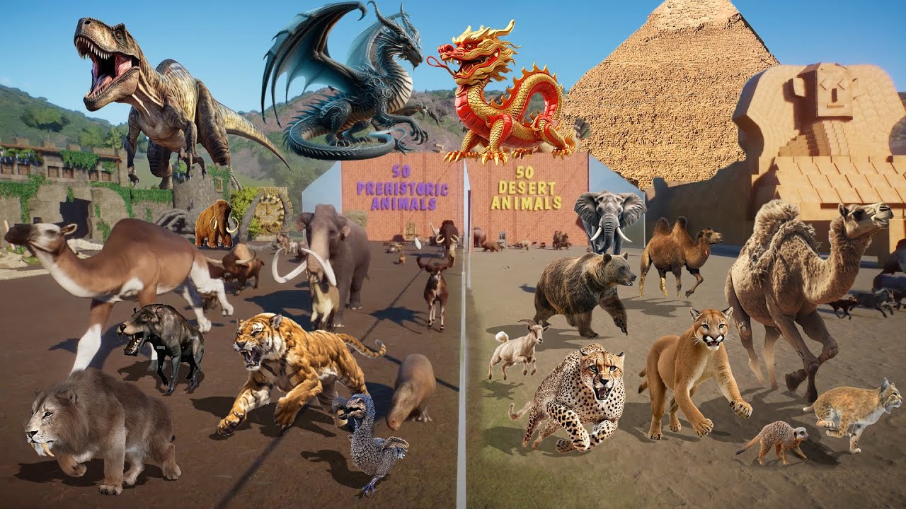 Гонка 50 доисторических животных против 50 животных пустыни в зоопарке Planet Zoo, включая мамонт...