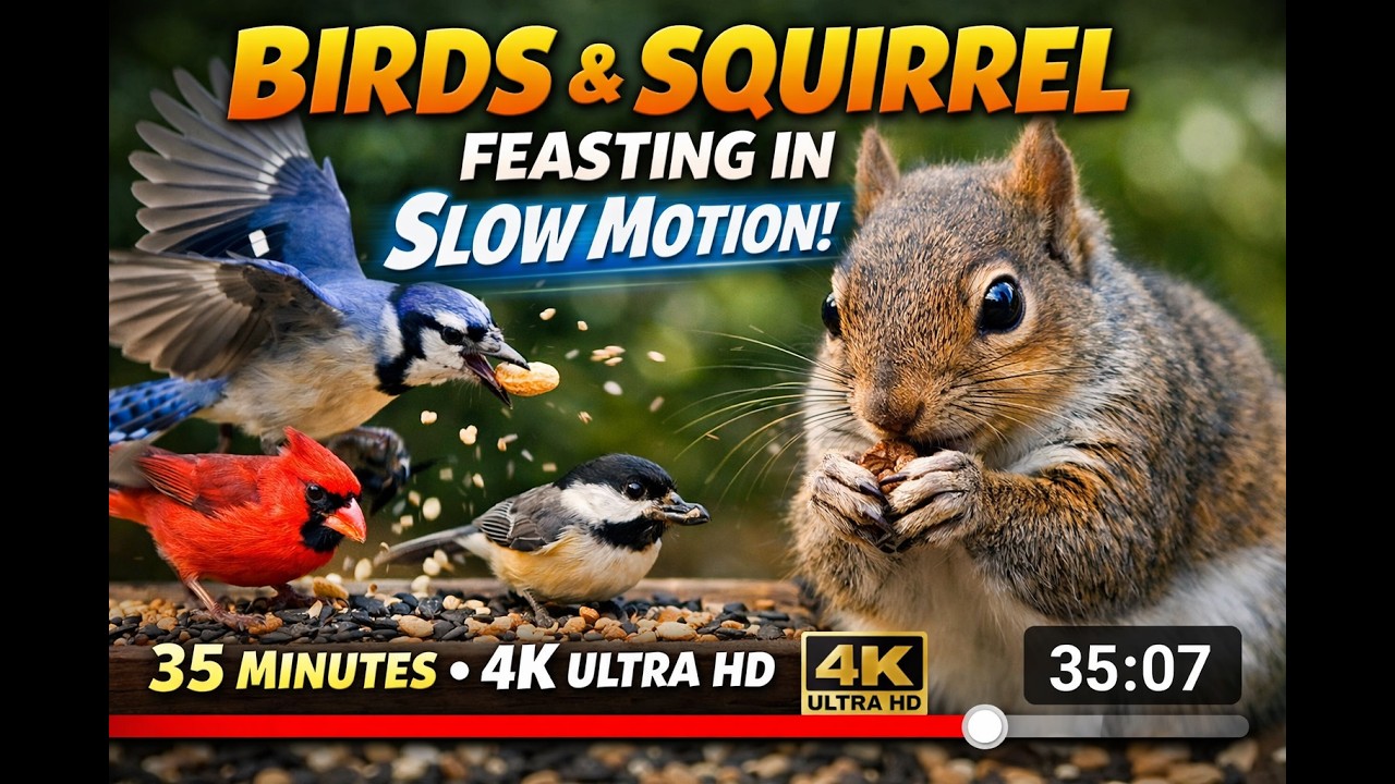 4K Slow Motion Birds & Squirrel Eating | 35 Minutes of Relaxing Cat TV Nature