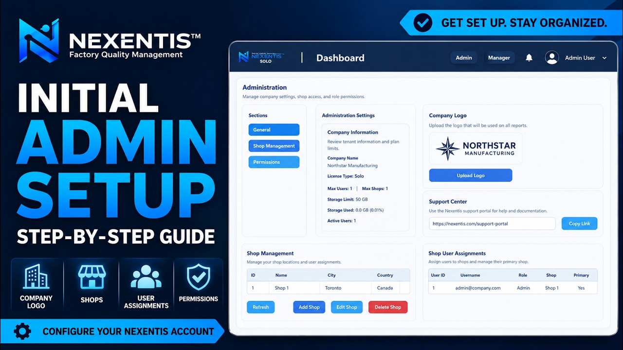 Initial Admin Setup in Nexentis | Company Logo, Shops & Permissions
