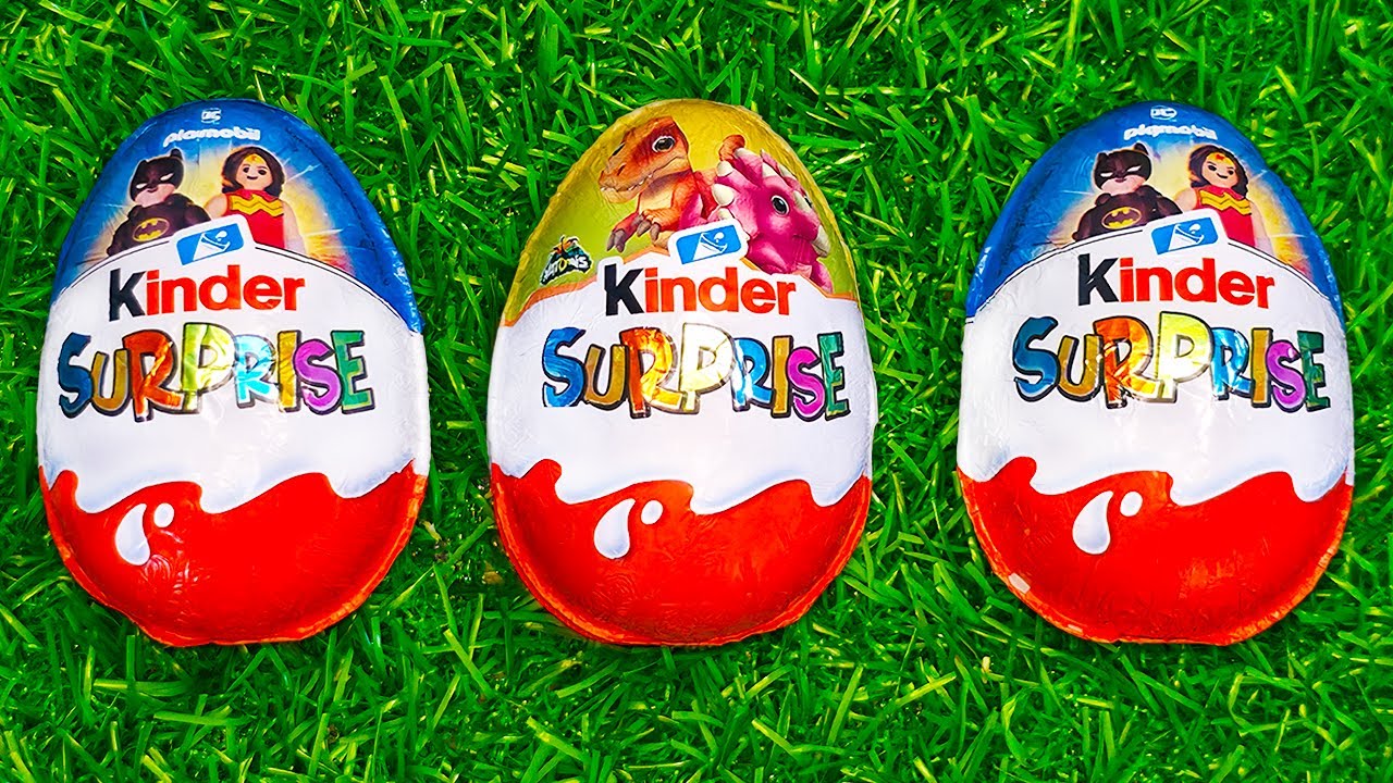 Satisfying Video ASMR Yummy Unpacking 3 Kinder Surprise With Delicious Chocolate and Funny Dinosaur