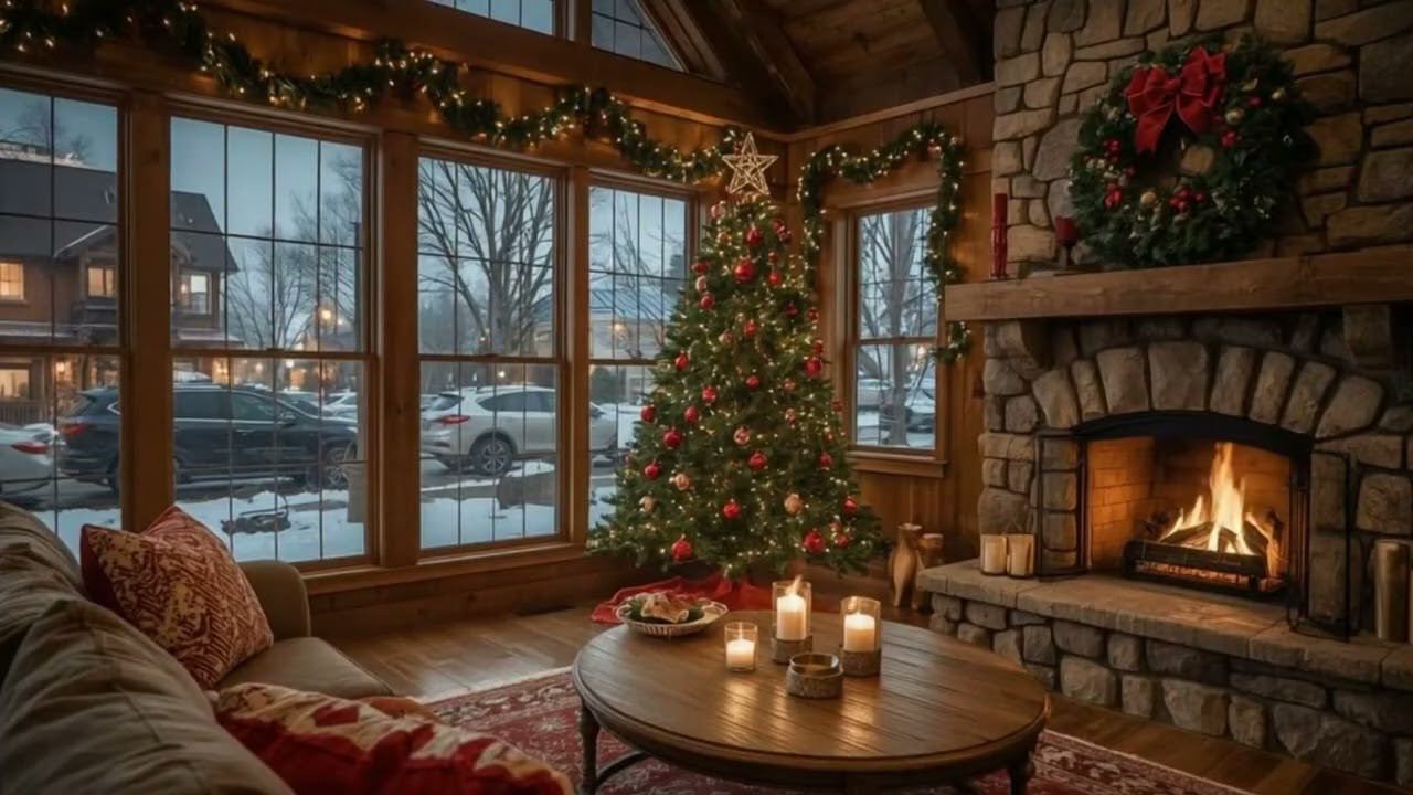 Relaxing Winter Snowfall with Soft Jazz Music on Cozy Cabin Ambience ⛄ Fireplace Sounds