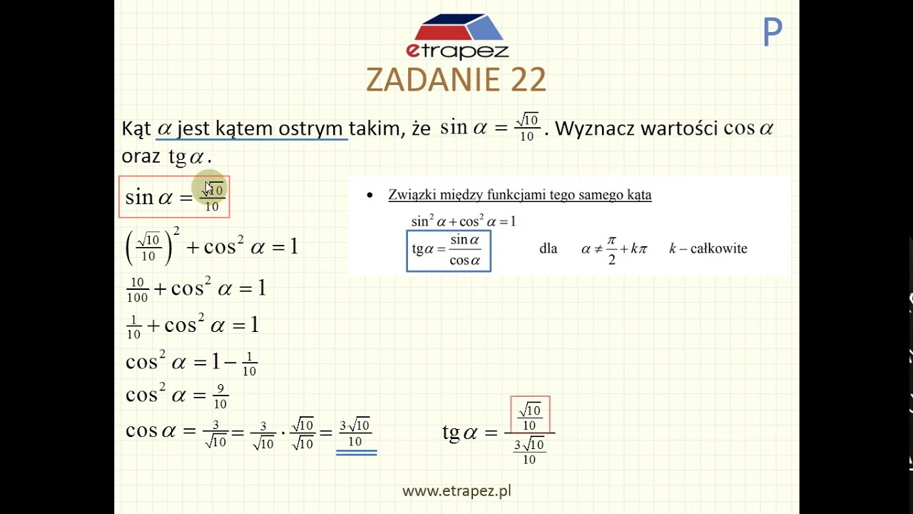 Mając podany sinus wyznacz cosinus i tangens... (fragment Kursu Matura Podstawowa)