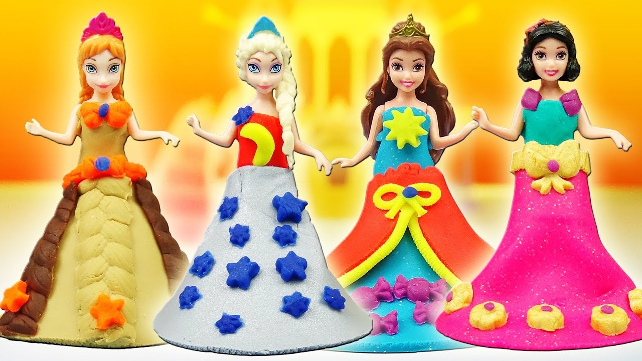 Play Doh Magic Clip Disney Princess Dolls Dresses Playdoh Sparkle Magiclip Anna Elsa Belle Frozen