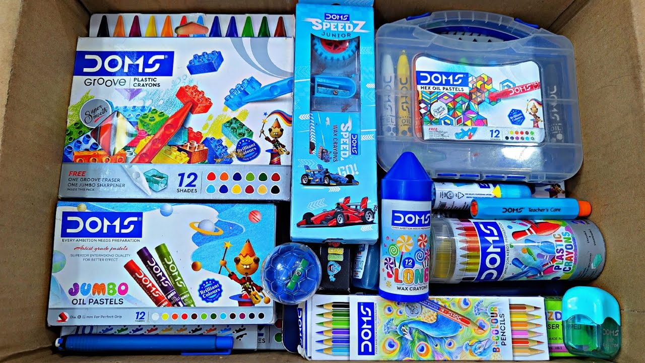 Unboxing Biggest DOMS Stationery 📚, Plastic Crayons, Oil Pastel, Poster Colour, School kit, Eraser