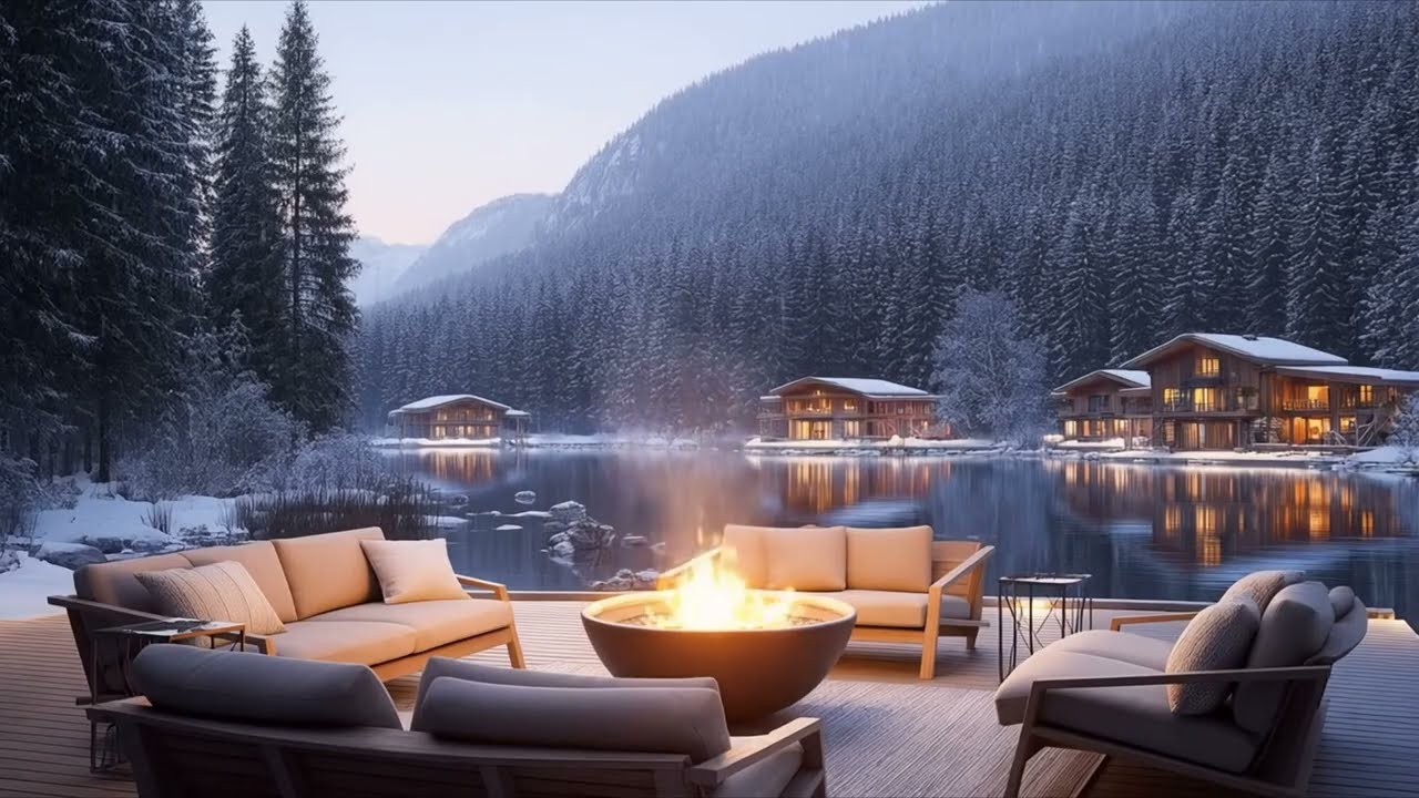 Winter Lake front Cabin Deck and Smooth Jazz