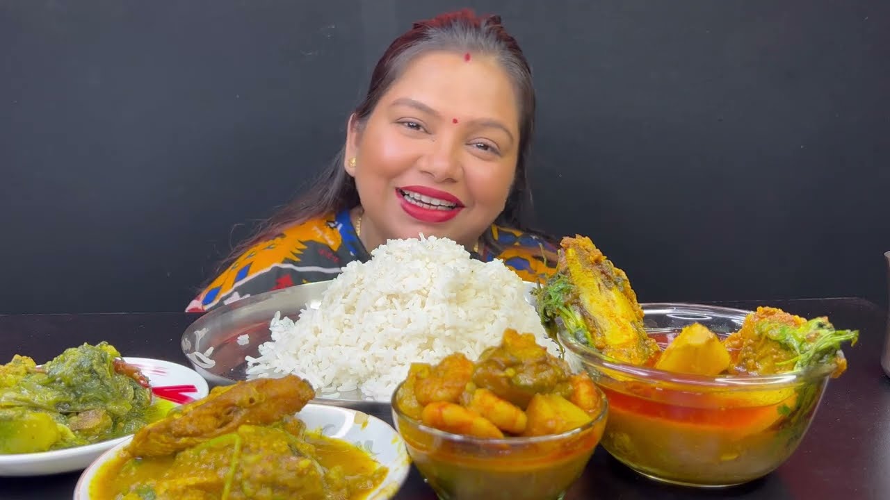 Bigbites,Eating Rice With Palong Shak,Katlar Jhal,feshar Kalia,Potol Chingri!!